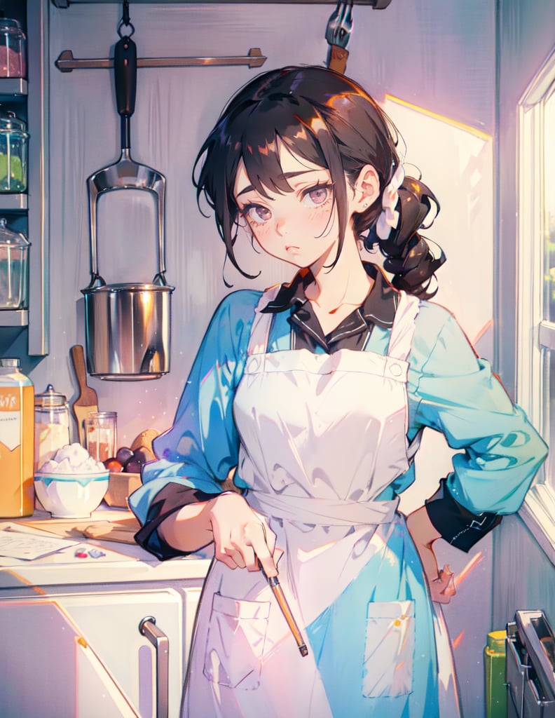 (masterpiece, top quality), high definition, artistic composition, 1 female, dark hair, long hair, pretty face, pouty, young, apron, kitchen, hair tied back, pastel colors, striking light, wife, cartoon, loungewear,