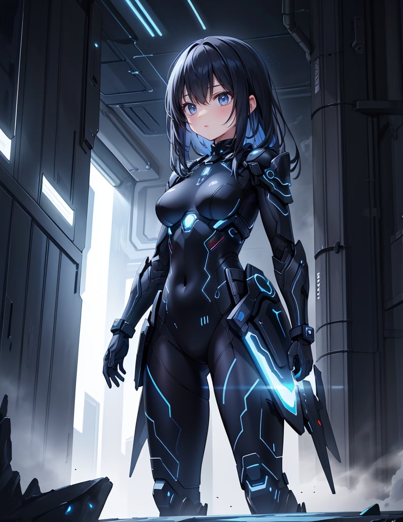 Masterpiece, Top Quality, High Definition, Artistic Composition, 1 Girl, Black Combat Bodysuit, Android Style Armor, Shining Blue, Steel, Near Future, Science Fiction, Front Composition, Standing Nioi, Darkness, Blending into Darkness, Perspective