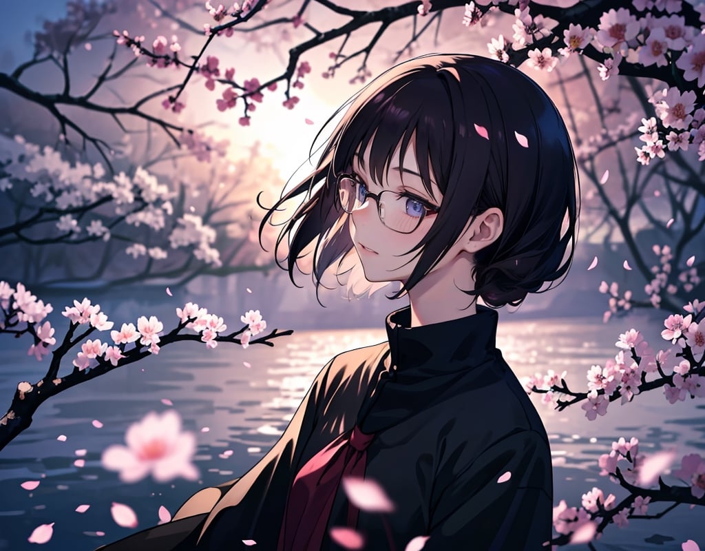  Masterpiece, Top Quality, High Definition, Artistic Composition, One Woman, Petite Girl, Large Dark Rimmed Glasses, Subdued Dark Hair, Embarrassed, Looking Away, Hands Folded in Front of Body, Cute Gesture, Blush, Side View, Subdued Clothing, Cherry Trees, Full Bloom, Petals Dancing, Warm Light, Dramatic, POW, Date, Crowded, Blurred Background, Taleye, Open Mouth Smile, Anime,<lora:659111690174031528:1.0>