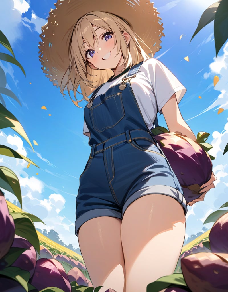 (masterpiece, top quality), high definition, artistic composition, one girl, smiling, sweet potatoes being harvested, denim overalls, beige innerwear, straw hat, sweet potato field, blue sky, nature, from below