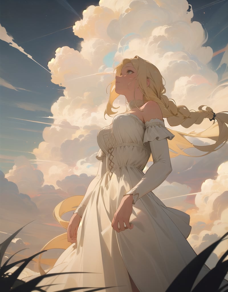 (masterpiece, top quality), high definition, artistic composition, 1 girl, blonde hair, braids, large hair band, white ruffled dress, from below, cirrus clouds, dark sky, large field, looking up to heaven, striking light, dusk, wide shot, high contrast