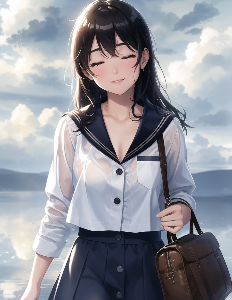 Masterpiece, Top Quality, High Definition, Artistic Composition,1 girl, sailor outfit, summer dress, schoolbag, wet from rain, hand on chest, blush, from front, cowboy shot, (shedding tears), laughing with eyes closed, short hair, dramatic, cloudy sky, illuminated by light