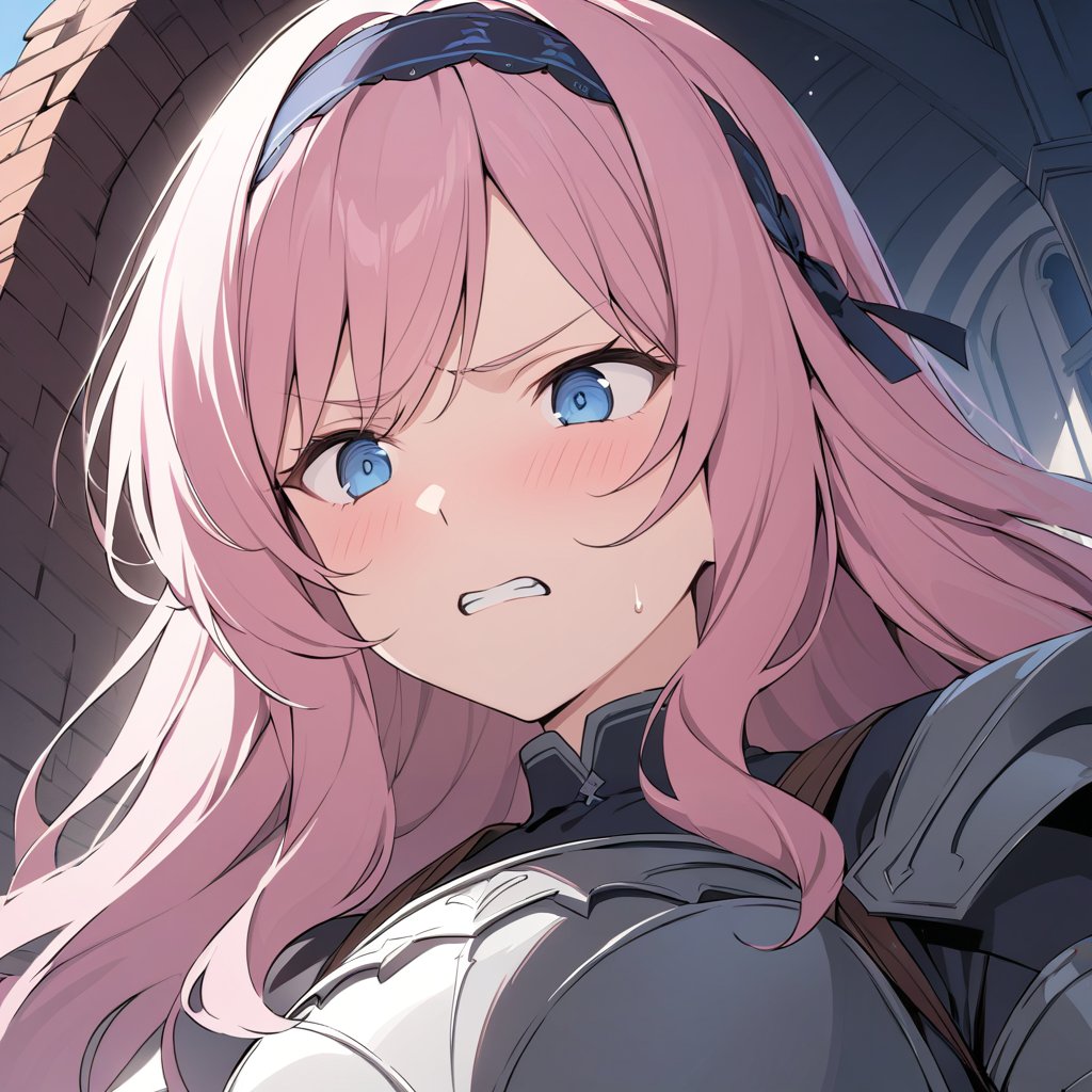 (Masterpiece, Top Quality), High Definition, Artistic Composition, 1 girl, pink wavy hair, hair band, armor, blue eyes, disgusted face, gritted teeth, sweating, close-up of face, from below, fantasy, brick building