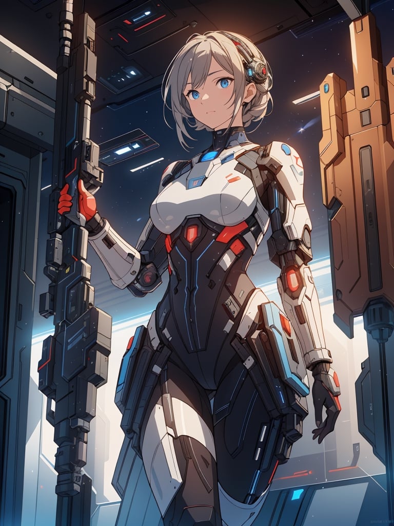 masterpiece, top quality,1 female, weightless, (floating), mechanical armor, sexy, gun in hand, spaceship factory in space, space view from inside, dark background, no earth, photo, futuristic, high definition, looking up, artistic composition, dutch angle, science fiction, cyberpunk