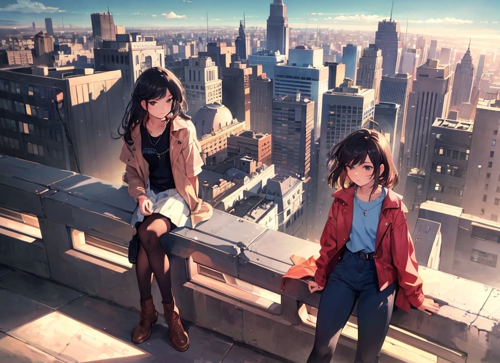 Masterpiece, top quality, 1 girl, 13 years old, girl, plain clothes, country girl, sitting on high roof, retro cityscape below, looking down on city, high definition, artistic composition, retro, beautiful light, wide angle, lots of birds flying