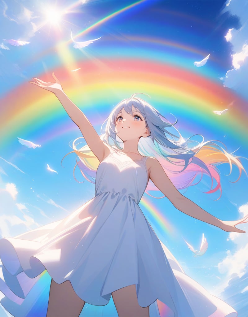 (masterpiece, top quality), high definition, artistic composition, 1 girl, rainbow image, spectrum, warm light, white dress, gentle smile, girlish gesture, frolicking, angel wings, dazzling, heaven, girl in seven colors, looking up to heaven, from below, fluttering, divine