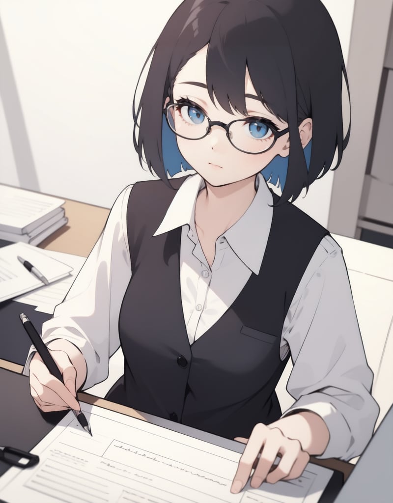 (masterpiece, top quality), high definition, artistic composition, 1 female, childlike, expressionless, large dark rimmed glasses, straight hair, bob cut, operating laptop, looking at me, sitting at desk, office, blue office vest, cutter shirt, somber, desk job, pen and slip on desk at work, 