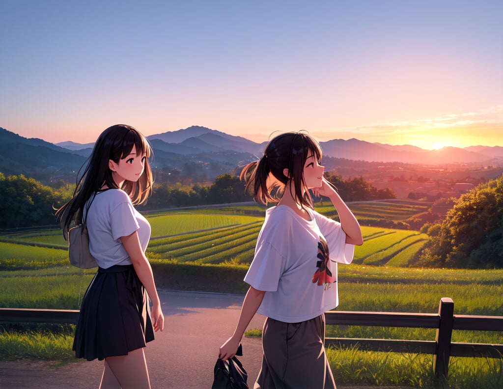 (masterpiece, top quality), high definition, artistic composition, 3 girls, casual fashion, sunset, backlighting, Japanese countryside, walking, beautiful nature, talking, excited, exaggerated gestures, girlish gestures, portrait, film style, striking light, looking happy, from the side, looking away, Summer, T-shirt, Clothes