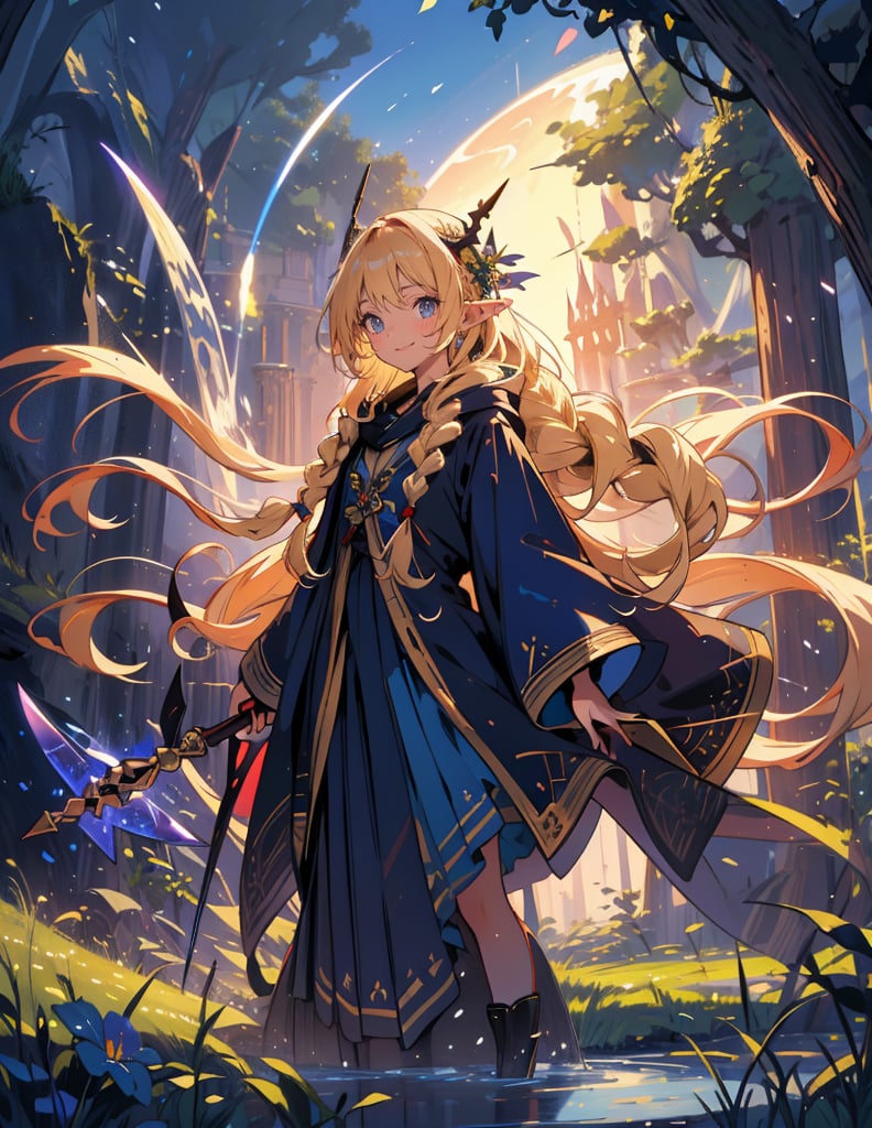 Masterpiece, Top quality, High definition, Artistic composition, One girl, Elf wizard, Navy blue robe, Khaki skirt, Magic wand made of wood, Long blonde hair, Hair in braids, Smiling, Posing, Meadow, Cheerful, Sharp eyes, Fantasy,breakdomain