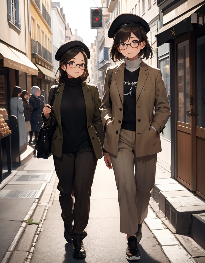 Masterpiece, Top Quality, High Definition, Artistic Composition,1 Woman, Walking in the street, Front view, Looking away, Smiling, Round-rimmed glasses, Black beret, Olive jacket, White knit, Brown pants, Khaki sneakers, Casual, Portrait, Monotone street scene, French style