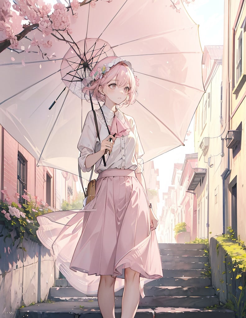 (masterpiece, top quality), high definition, artistic composition, 1 woman, light pink shirt, beige skirt, holding a small parasol, classy, elegant, mature, calm, walking, residential area, strong sunlight, portrait