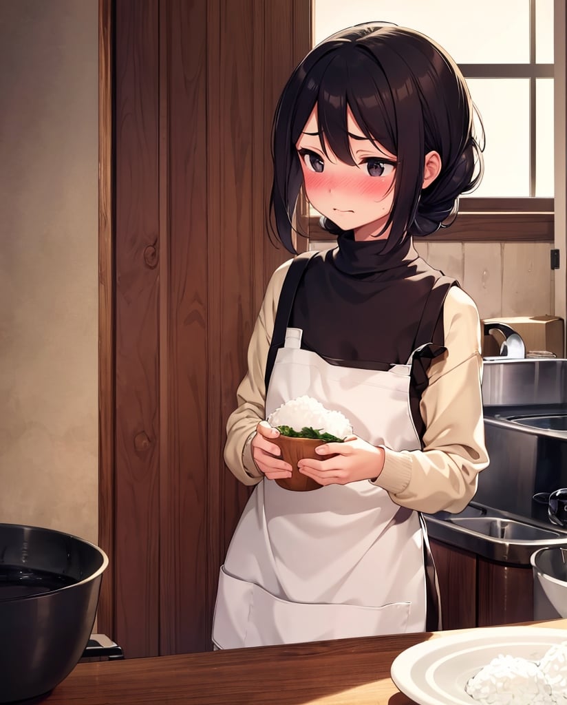 Masterpiece, Top Quality, High Definition, Artistic Composition, 1 girl, Embarrassed, Offering rice ball, Blushing, Apron, Japanese kitchen, Sweatshirt, Hair pulled back, Looking away, Morning, Portrait, Warm