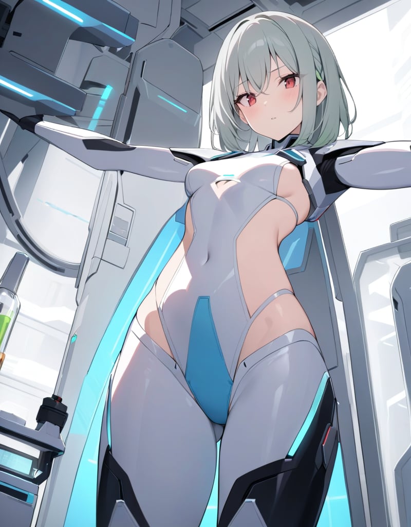 (masterpiece, top quality), high definition, artistic composition, 1 girl, greenish silver hair, red eyes, suspicious face, looking away, twisting body looking down, arms extended upward, blue and yellow swimsuit-like battle suit, android-like armor, revealing skin, inside lab with white walls, Holographic, futuristic, several researchers, cartoon, looking at own body