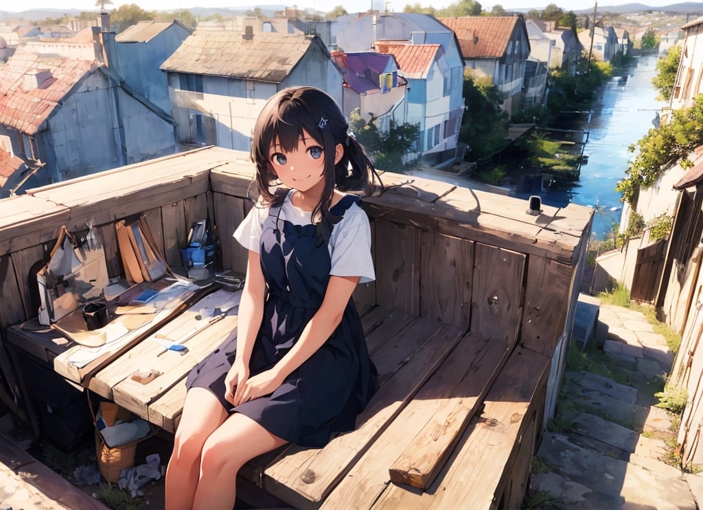 Masterpiece, top quality, 1 girl, 13 years old, girl, smiling, plain clothes, country girl, sitting on high roof, harbor countryside, high definition, artistic composition, retro, beautiful light, wide angle, little bird perched on shoulder, composition from behind, looking forward