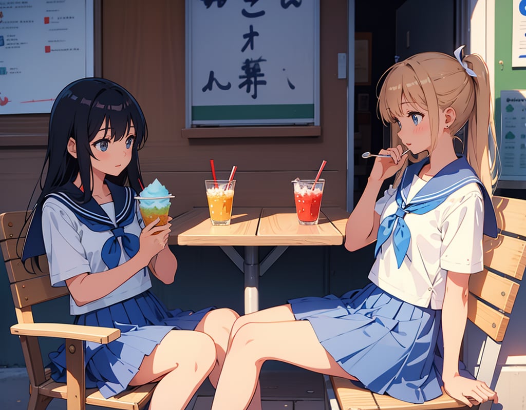 (masterpiece, top quality), high definition, artistic composition, two girls, open cafe, sitting opposite each other, shaved ice, spoon in hand, talking, looking away, sailor suit, school uniform, summer dress, crossing legs, feminine gesture, side view, portrait, summer, hot, excited