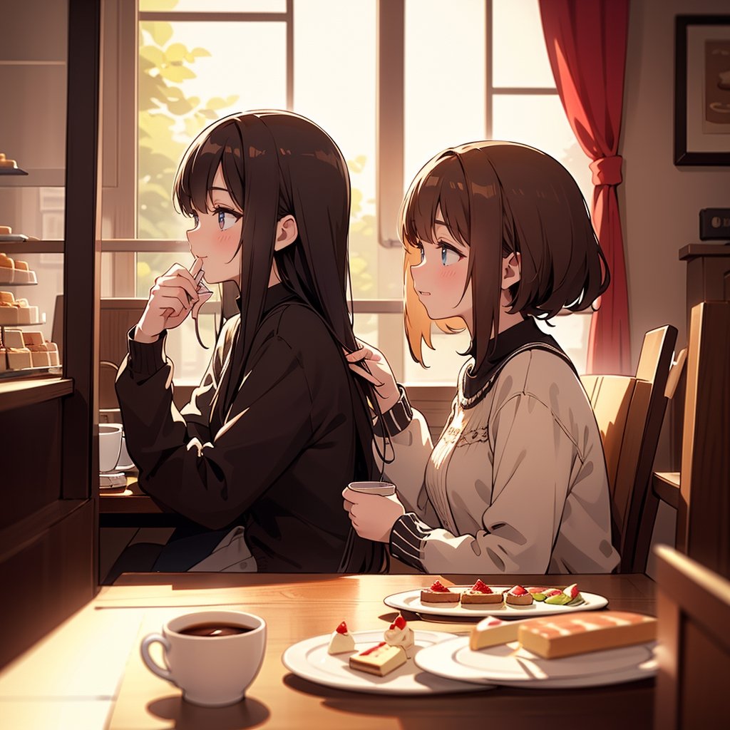 Masterpiece, Top quality, High definition, Artistic composition, Two girls, Friends, Coffee store, Sitting eating shortcake, Smiling, Talking, Looking away, Retro store, From side, Impressive light, Portrait, Fork in hand, High color temperature