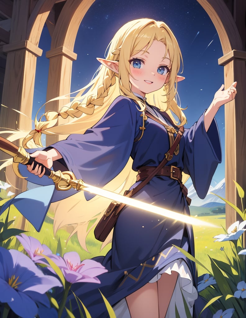Masterpiece, Top quality, High definition, Artistic composition, One girl, Elf wizard, Navy blue robe, Khaki skirt, Magic wand made of wood, Long blonde hair, Hair in braids, Smiling, Posing, Meadow, Cheerful, Sharp eyes, Fantasy