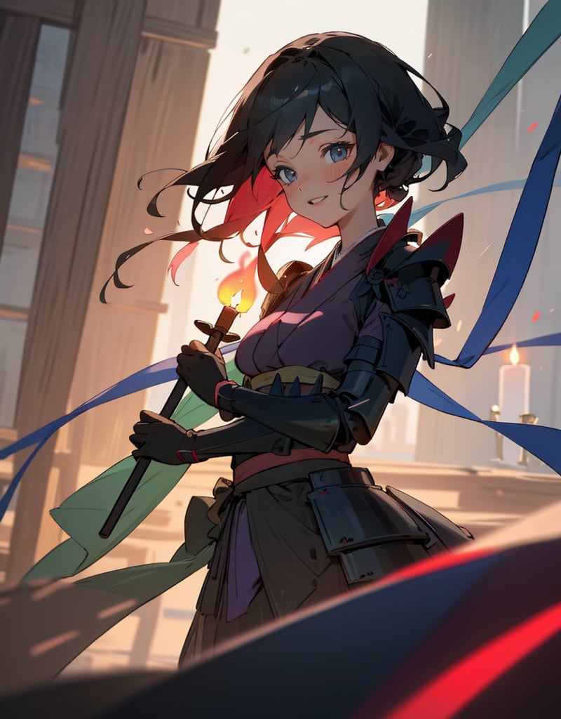 Masterpiece, Top Quality, High Definition, Artistic Composition, One girl, gentle smile, black hair, big pink ribbon, red and blue-green kimono-like battle dress, android-like armor, inside wooden building, dark, candlelight