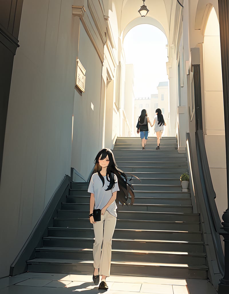 (masterpiece, top quality), high definition, artistic composition, 1 girl, long black hair, college campus, white shirt, beige pants, descending stairs, talking, looking away, smiling, second bag, papers under arm, bright sunlight, large stairs,