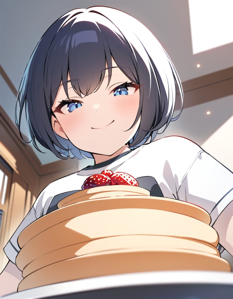 (masterpiece, top quality), high definition, artistic composition, 1 woman, holding out plate with pancakes on it with right hand, close-up of pancakes, smug face, short hair, boyish, tanned skin, dining room, cute apron, t-shirt, portrait, bold composition, from below, homey