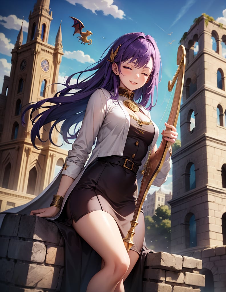 Masterpiece, Top Quality, High Definition, Artistic Composition,1 girl, wizard, beige robe, (playing Celtic harp with eyes closed), ruins, brick building, sitting on broken building, fantasy, smiling, striking, dramatic, (dragon flying in sky), bold composition, purple hair.