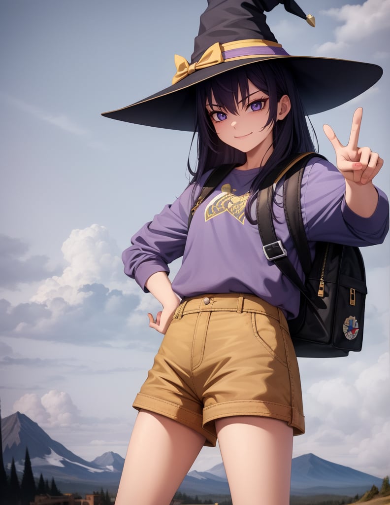 Masterpiece, Top Quality, High Definition, Artistic Composition,1 girl, wizard hat, smug face, printed shirt, standing tall, shorts, striped two-socks, sneakers, standing with legs spread, right hand on hip, left hand making peace sign, Schoolbag, meeting, purple sky, eerie background, from front, fantasy, black hair, red ribbon