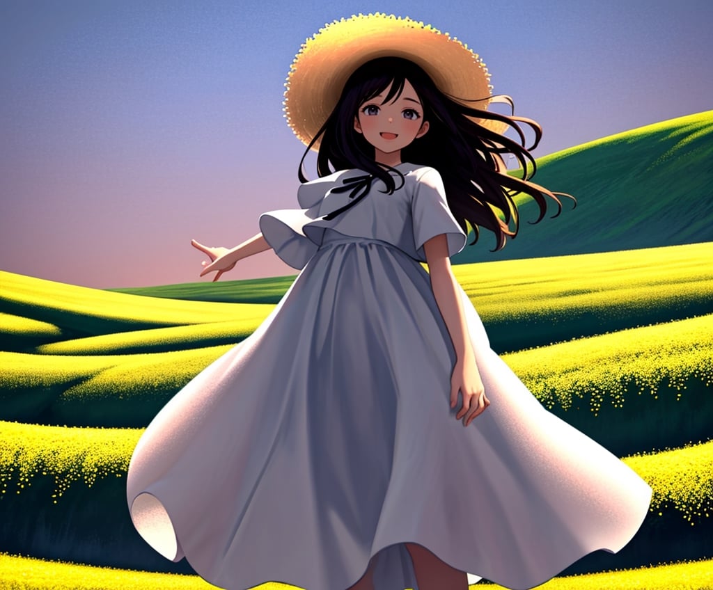 (masterpiece, top quality), 1 girl, high definition, artistic composition, portrait, field of rape blossoms, woman in white dress, wide-brimmed hat, hands behind body, open-mouthed smile, spinning, posing, looking at you, wide shot, bending forward, mature, dusk, striking sky, from below,<lora:659111690174031528:1.0>