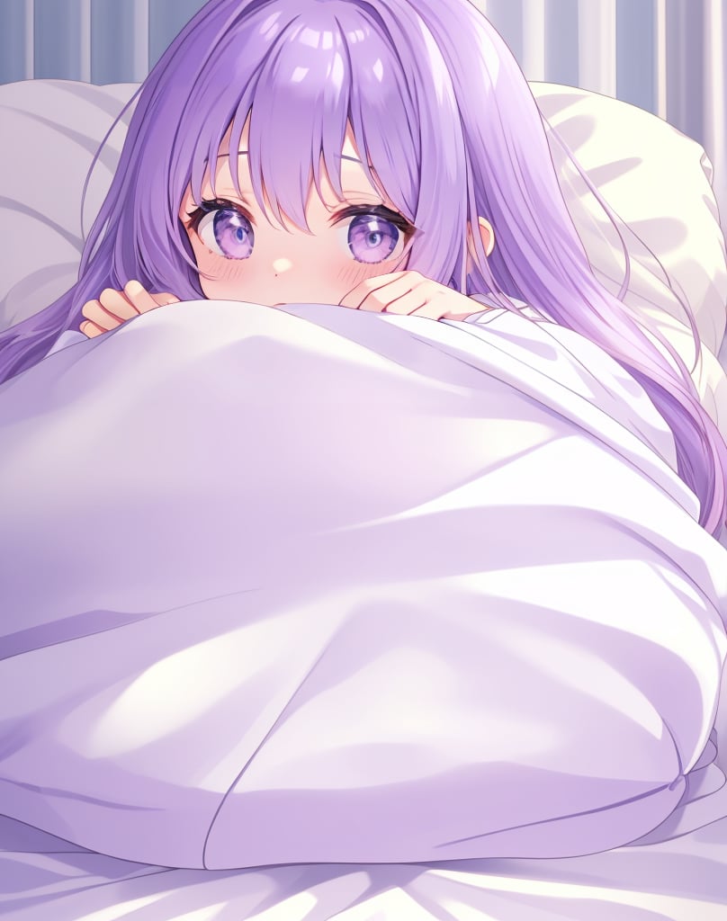 Masterpiece, Top Quality, High Definition, Artistic Composition,1 girl, light purple hair, long hair - thin eyes open, sleepy, morning sun, bed, wrapped in white sheets, elegant, beautiful morning, from above, lying in bed, pleasant, pastel colors, large sheets
,girl