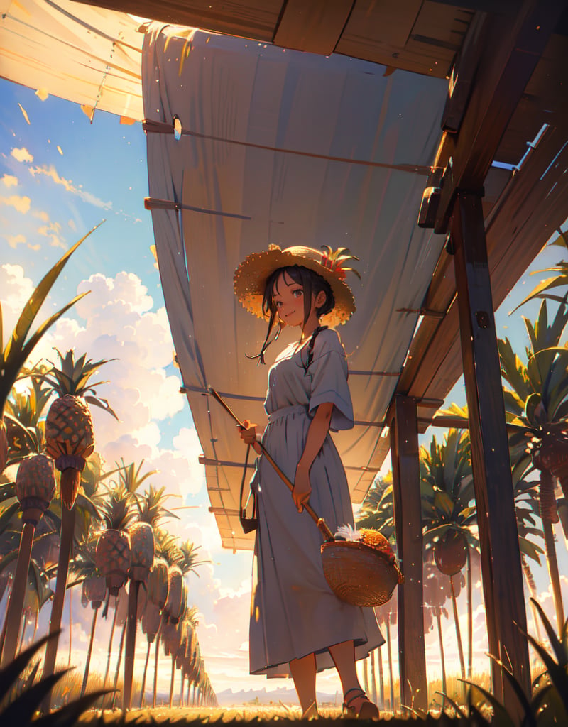 (masterpiece, top quality), high definition, artistic composition, 1 girl, pineapple field, standing tall, wearing gray work clothes, straw hat, holding hoe, looking up to heaven, smiling, wiping sweat from forehead, hair tied back, healthy, striking light, portrait, bold composition, from below, Looking away, full body, at work
