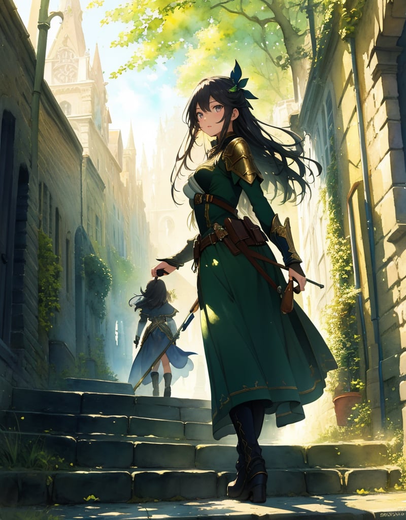 (Masterpiece, Top Quality), High Definition, Artistic Composition, 1 girl, Fantasy Costume, City Girl, Walking, Cobblestone Steps, Fantasy City, Green, Bright Sunlight, Portrait, Watercolor Style, Low Contrast