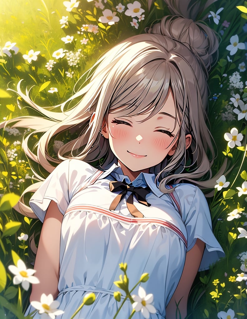 Masterpiece, Top quality, High definition, Artistic composition, 1 girl, lying in clover field, from above, eyes closed, smiling, hands behind head, Dutch angle, upper body, clover flowers, warm, pleasant, resting