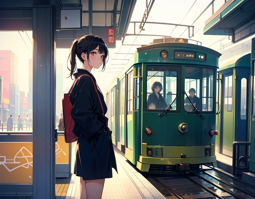 (masterpiece, top quality), high definition, artistic composition, 1 girl, (standing in tram entrance/exit), Japanese city, portrait, clothing, casual fashion, retro, nostalgic, looking away, tram