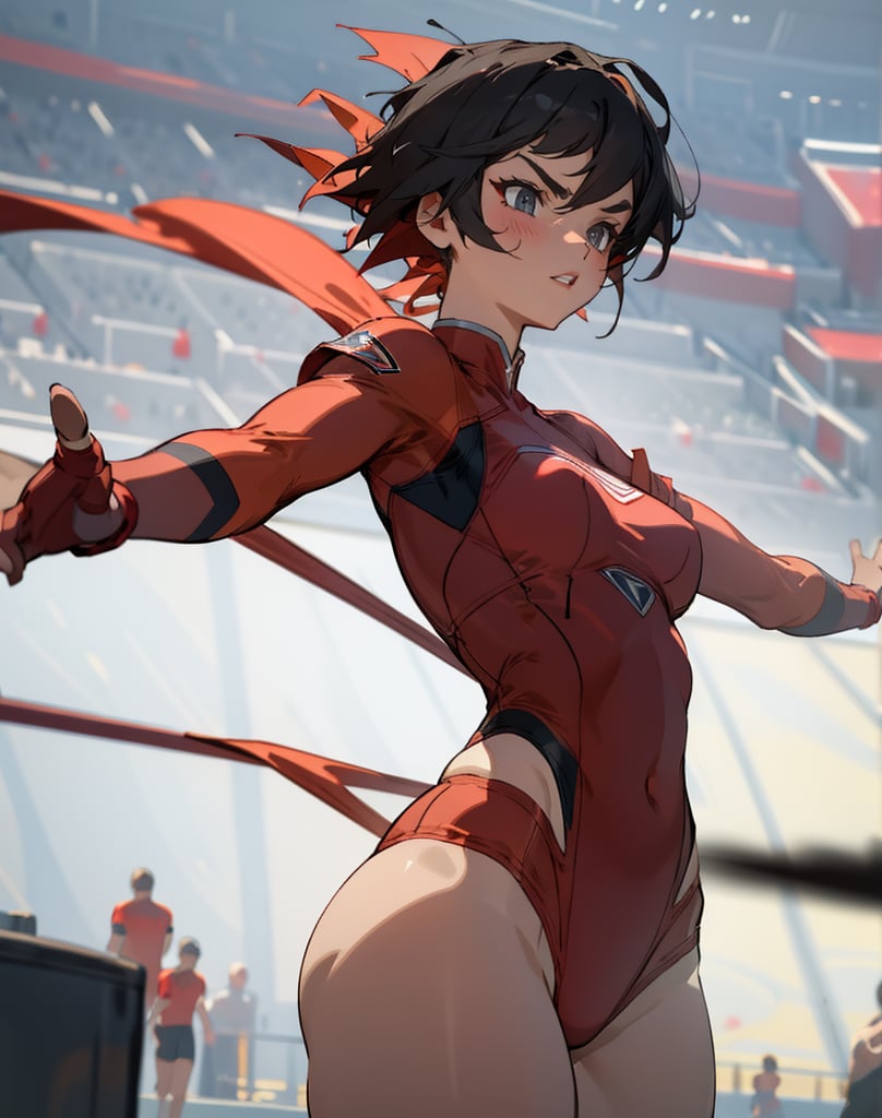 Masterpiece, Top Quality, High Definition, Artistic Composition,1 girl, short hair, red wrestling costume, in fighting pose, thick eyebrows, serious face, stadium, front view, powerful, hands outstretched in front