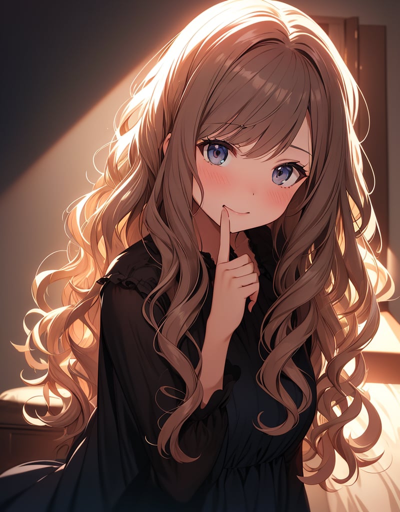 Masterpiece, Top Quality, High Definition, Artistic Composition, One Girl, Bust Shot, Squinting, Chuckling, (index finger in front of mouth), Dark Room, Bedroom, Backlight, Impressive Light, Simple Dress, Long Wavy Hair, POW, Frontal Composition, Looking Up,girl