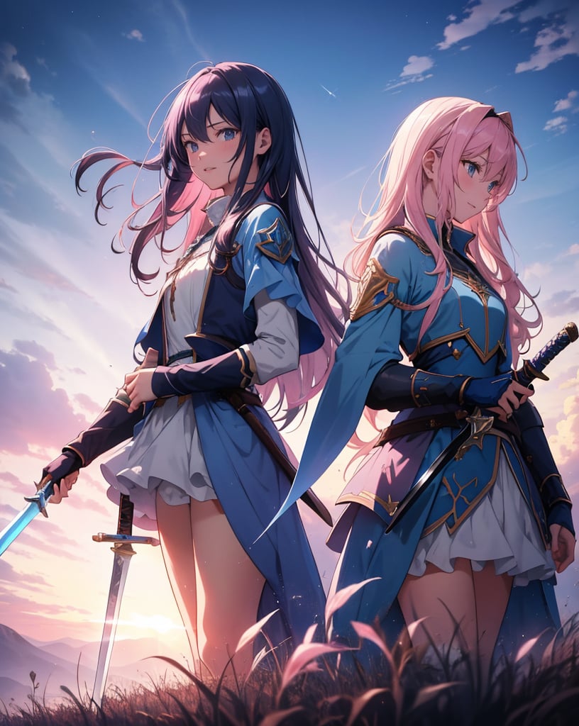 (masterpiece, top quality), high definition, artistic composition, two girls, blue swordsman and pink wizard, stand back to back, hero costume, battlefield, cartoon, holding sword and stick, looking away, tired smile, dirt on clothes, backlit, dramatic, pinch, high contrast, bold composition, from the side, powerful, struggling, fighting together