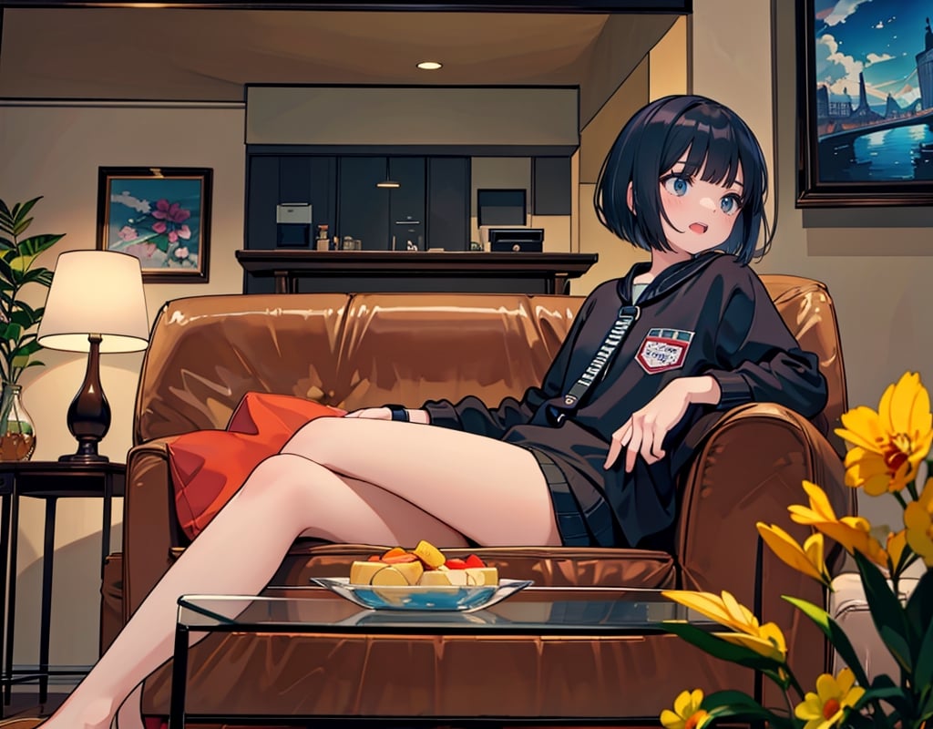 masterpiece, top quality, artistic composition, realistic, 1 girl, bob cut, sitting on couch, leaning forward, excited, bag of snacks in hand, (open mouth laughing), living room, focus on face, glass table, side composition, portrait, looking away, dutch angle,<lora:659111690174031528:1.0>