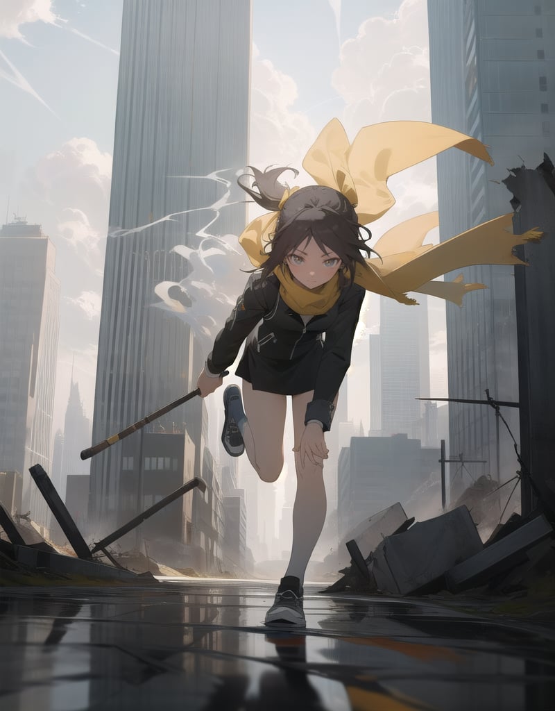 (masterpiece, top quality), high definition, artistic composition, 1 girl, leaning forward, running, action pose, long yellow scarf blowing in the wind, hair tied on head, skyscraper city, ruins, broken road, cloudy, dark, dramatic, smoking