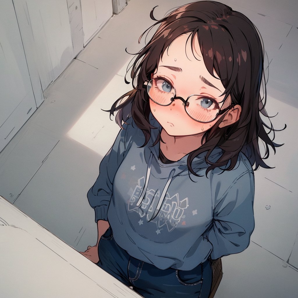 (masterpiece, top quality), high definition, artistic composition, 1 girl, nose blush, from above, POW, panicked, embarrassed, glasses, freckles, dark hair, long bob, messy hair, sweat, hands covering face, somber casual fashion, park, dramatic, Dutch angle