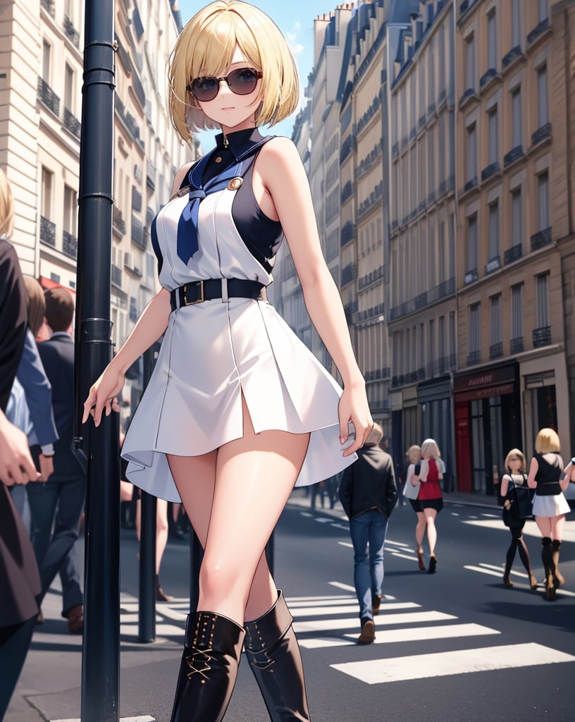 (Masterpiece, Top Quality), High Definition, Artistic Composition, 1 Woman, Sunglasses, Smiling, Blonde Hair, Bob Cut, Navy Blue Sleeveless Shirt, White Miniskirt, Dark Red Over Knee Boots, Urban Area of Paris, Walking, Crowd, Portrait, Looking Away, Model Style