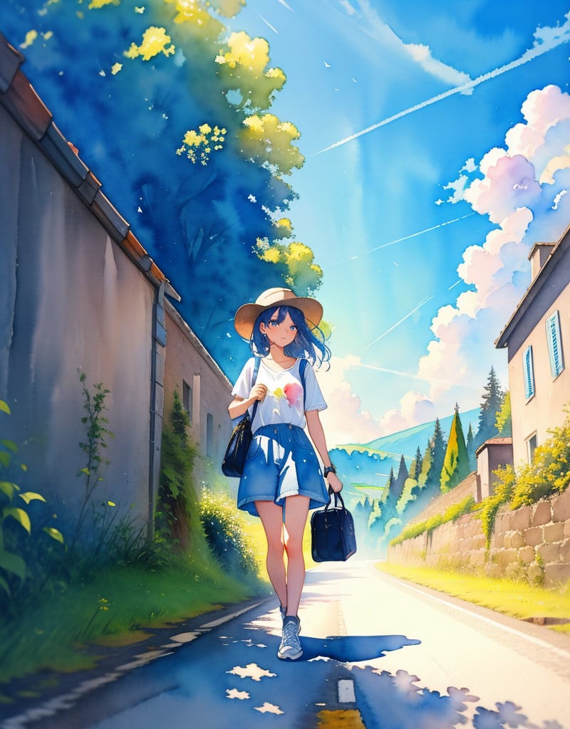 (masterpiece, top quality), high definition, artistic composition, 1 girl, (watercolor), French countryside, road leading to hill, country road, walking, travel bag, casual fashion, sneakers, artistic, blue sky, Daily life, hat, traveler