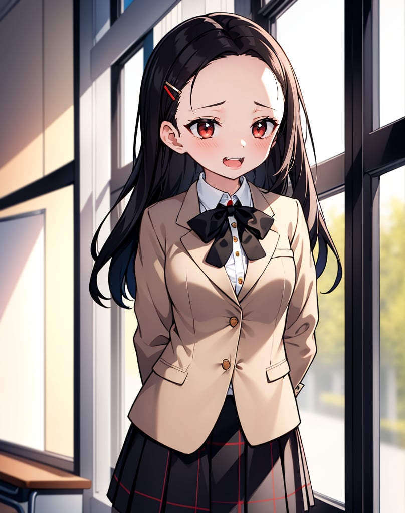 (masterpiece, top quality), high definition, artistic composition, 1 girl, high school student, beige blazer, black ribbon, red and black checked skirt, standing in front of window with hands behind her back, classroom, laughing, troubled, blushing, broad forehead, hairpin, something hidden behind body, portrait