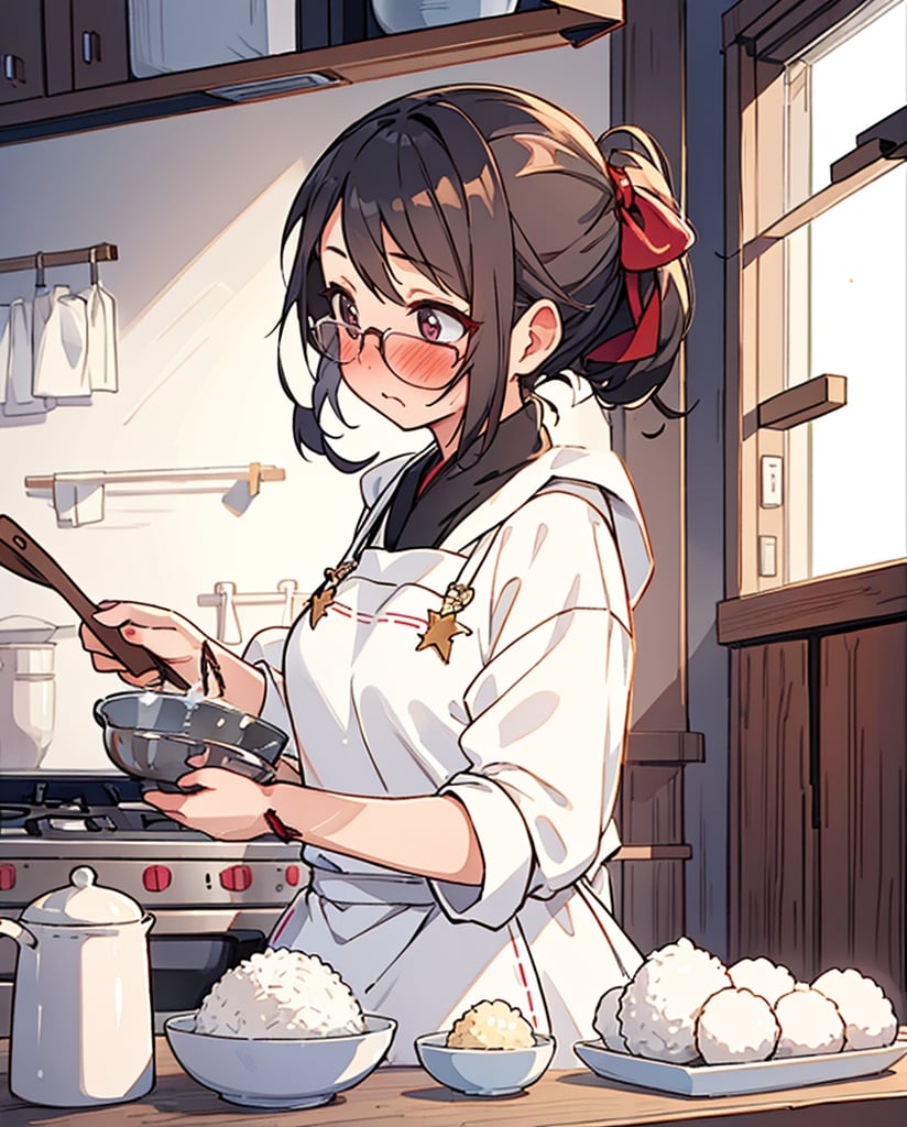 Masterpiece, Top Quality, High Definition, Artistic Composition, 1 girl, Embarrassed, Offering rice ball, Blushing, Apron, Japanese kitchen, Sweatshirt, Hair pulled back, Looking away, Morning, Portrait, Warm