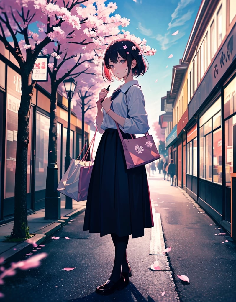  Masterpiece, top quality, high quality, artistic composition, one woman, housewife, carrying shopping bag, casual fashion, standing, front view, downtown shopping street, cherry blossom tree, cherry blossoms in bloom, petals dancing, nice weather, portrait,<lora:659111690174031528:1.0>