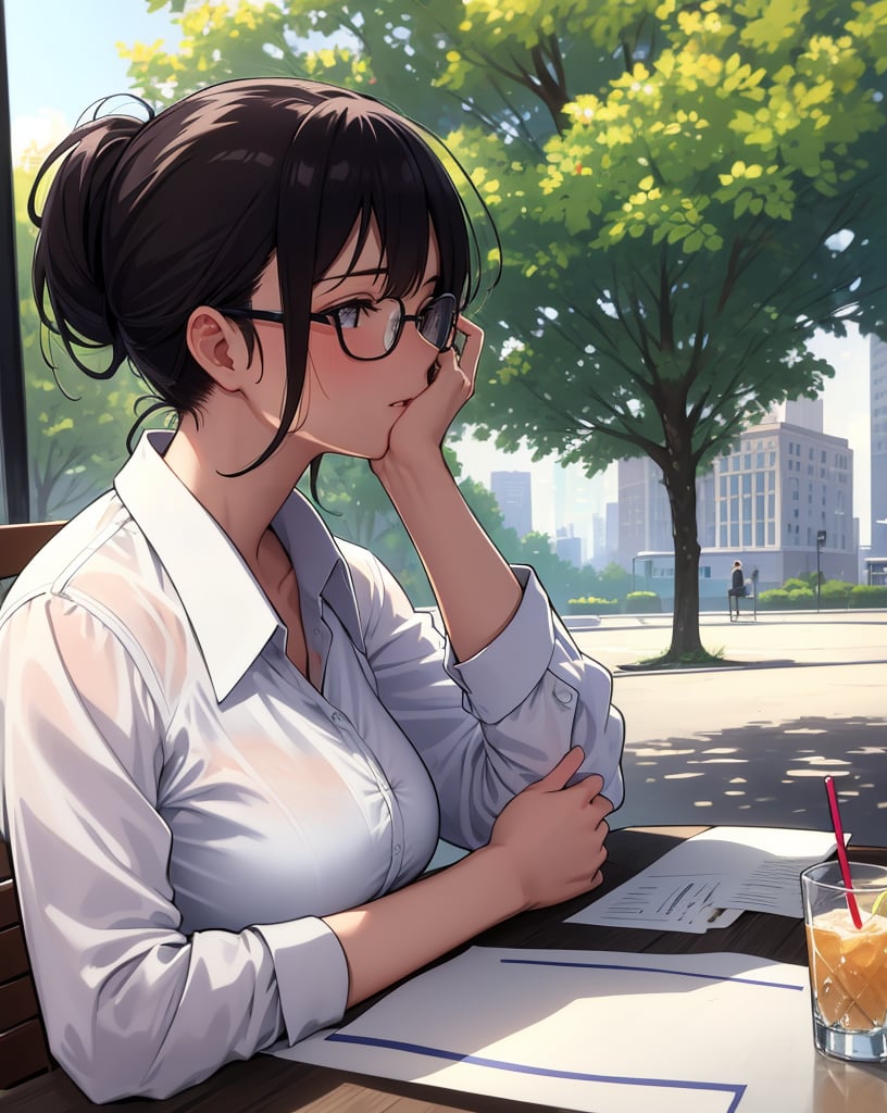 (masterpiece, top quality), high definition, artistic composition, 1 woman, cutter shirt, loose collar, hair tied back, cool glasses, open cafe, drinking water from an ice glass, taking a break, shady tree, urban landscape, summer, portrait, sweating, on table Handkerchief on table, taking a break at work, looking away