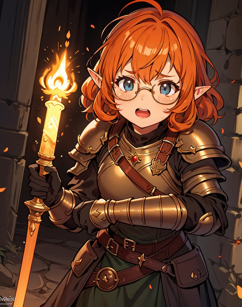 Masterpiece, Top Quality, High Definition, Artistic Composition,1 girl, warrior, scared, orange curly hair, big round rimmed glasses, elf, freckles, fantasy, dark dungeon, holding torch, khaki light armor, Dutch angle, stooped, childish, crying face, pretty