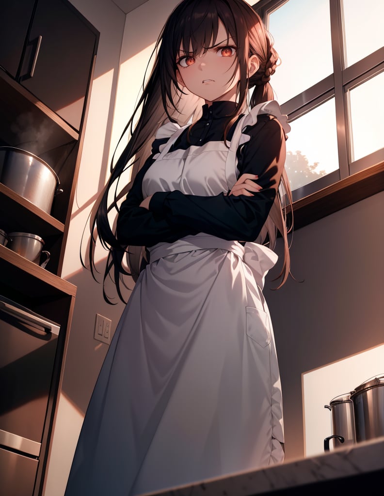 (masterpiece, top quality), high definition, artistic composition, 1 female, dark hair, long hair, from below, arms crossed, scary face staring, backlit, apron, kitchen, hair tied back, Dutch angle, striking light, Angry, Wife.