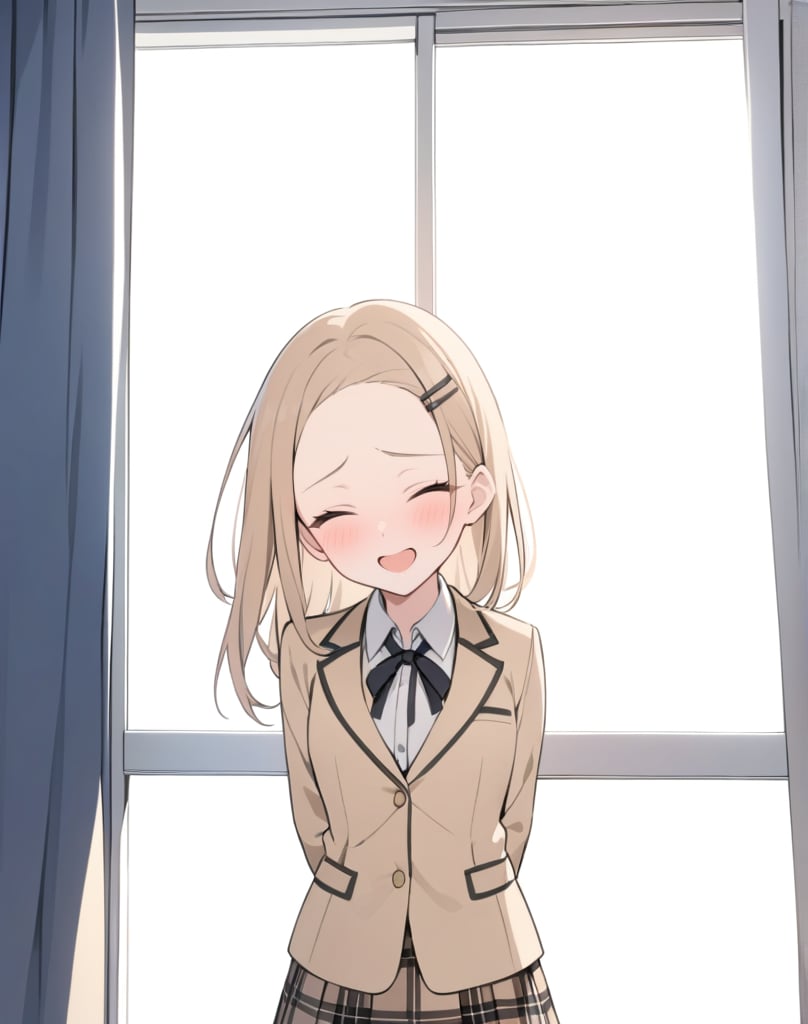 (masterpiece, top quality), high definition, artistic composition, 1 girl, high school student, beige blazer, black ribbon, red and black checked skirt, standing in front of window with hands behind her back, classroom, laughing, troubled, blushing, broad forehead, hairpin, something hidden behind body, portrait