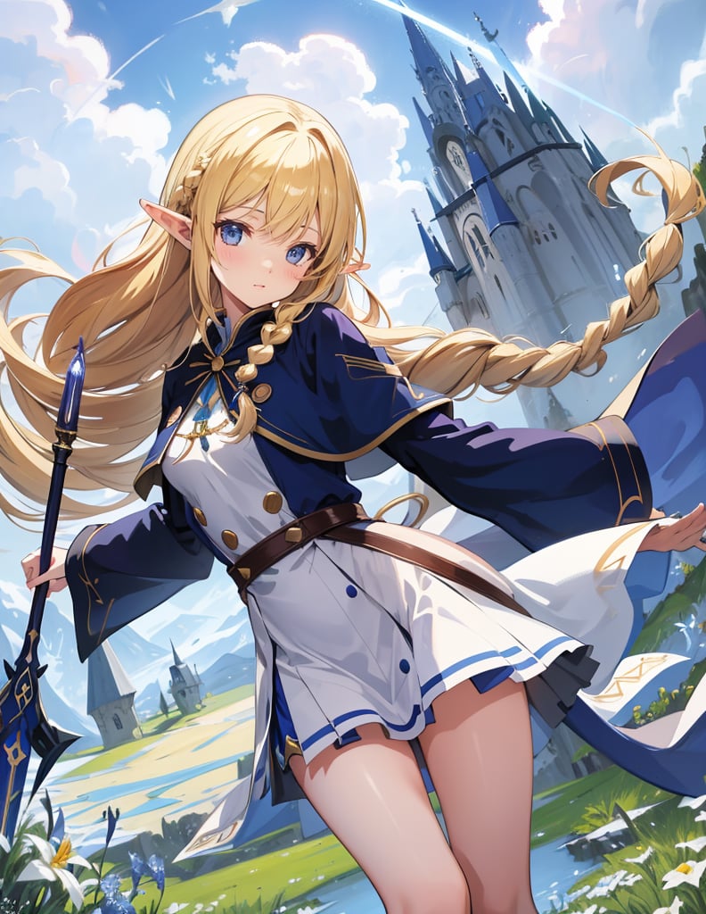 Masterpiece, Top quality, High definition, Artistic composition, One girl, Elf wizard, Navy blue robe, Khaki skirt, Magic wand made of wood, Long blonde hair, Hair in braids, Smiling, Posing, Meadow, Cheerful, Sharp eyes, Fantasy,breakdomain