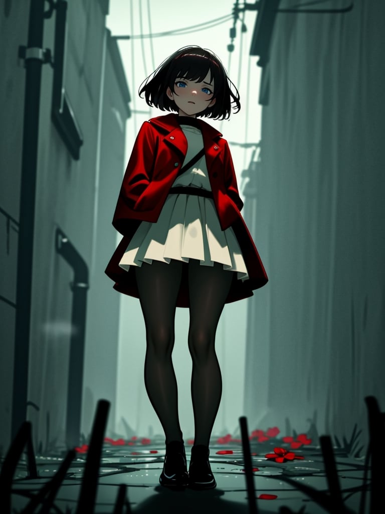 Masterpiece, Top Quality, 1 girl, short hair, red coat, red cape, black shirt, white skirt, beige bag, black pantyhose, hands in pockets, blue eyes, dirty Japanese back alley, dark sky, dark street lamp, wet ground, scary atmosphere, high definition, composition from below, drizzle, red flowers in bloom, wide angle, focus on feet, unstable, messy picture, backlight, shadow behind,masterpiece,<lora:659111690174031528:1.0>
