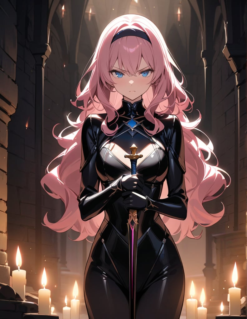 (masterpiece, top quality), high definition, artistic composition, 1 girl, pink wavy hair, hair band, slender jet black armor, blue eyes, from front, standing tall, sword in both hands, chin drawn, glaring, dungeon, darkness, candlelight, perspective, fantasy, mature